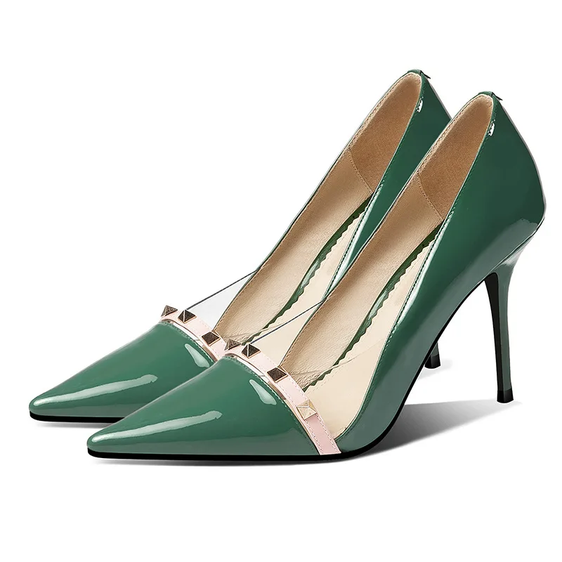 Patent Leather Sexy Heels Shoes Pointed Toe Rivet Super High Heels Green Pumps Women Dress Shoes Stilettos New Fashion