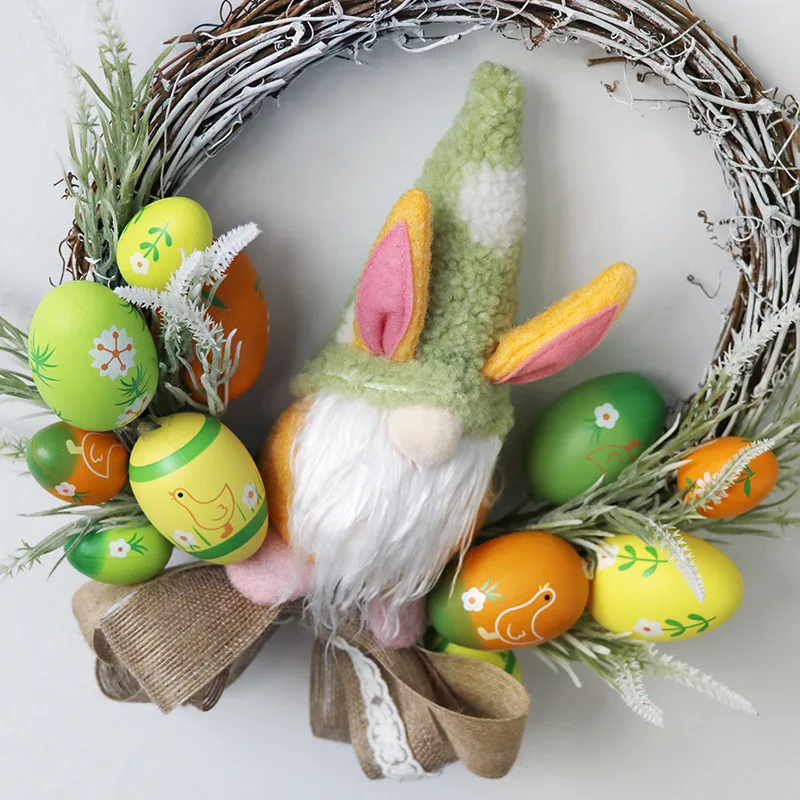 ZHH107 Fresh Nordic Home Decoration Artificial Colorful Egg Rabbit Doll Easter Festival Window Hanging Wreath