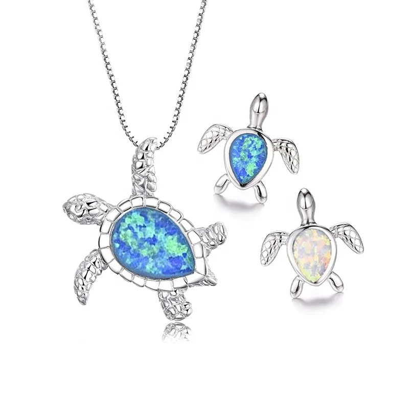 Fashion Women 925 Silver Pear Cut White Blue Opal Gemstone Sea Turtle Stud Earrings Necklace Animal Jewelry Sets