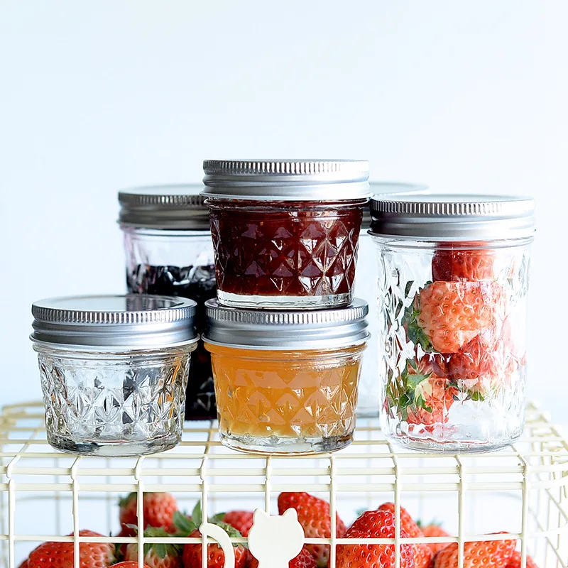 Custom Embossed 4 oz Diamond Baby Food Canning Jar Jams Tumbler Fruit Syrups Honey Wide Mouth Glass Mason Jar