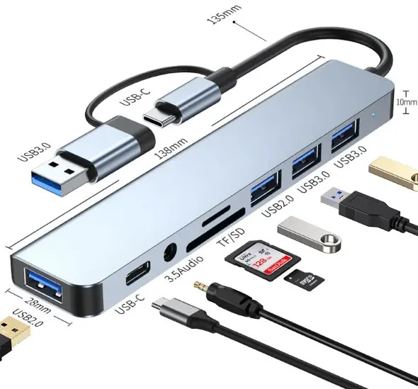 8-IN-2 USB Type C HUB 3.0 Docking Station With 5Gbps High Speed USB Ports Splitter Sd Tf Card Reader 3.5mm Audio Adapter