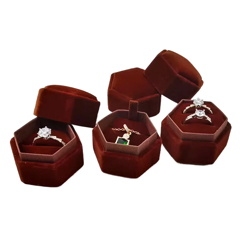Recyclable High End Hexagon Rigid Gift Packaging Custom Velvet Engagement Ring Box For Valentines Day