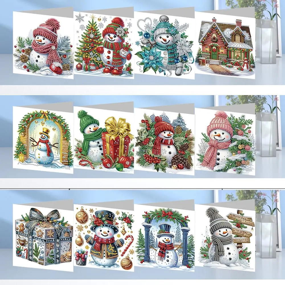 12Pcs Christmas Snowman  Diamond Painting  Greeting Card Unique Diy Craft Set For Holiday Parties
