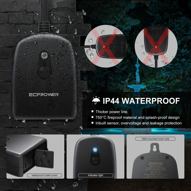
ECFPOWER Remote control outdoor smart plug waterproof Electric sockets wireless Wi-Fi outlet work with Google Alexa Amazon 