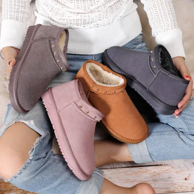 Ankle Boots Women Casual Shoes 2020 Waterproof Synthetic Real Leather Cowhide Short Plush Boots Girls Warm Flats Winter Shoes