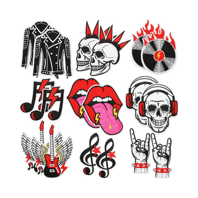 wholesale Halloween rock Music note skull denim jacket mouth guitar seal embroidery iron on hat  patches