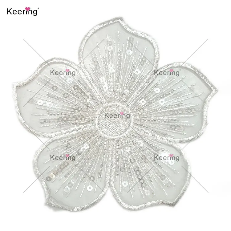 WTP-1534 Keering New Arrive Good Price Fabric Flowers Lace Sequins Beaded Embroidered Flower Trimmings For Dresses