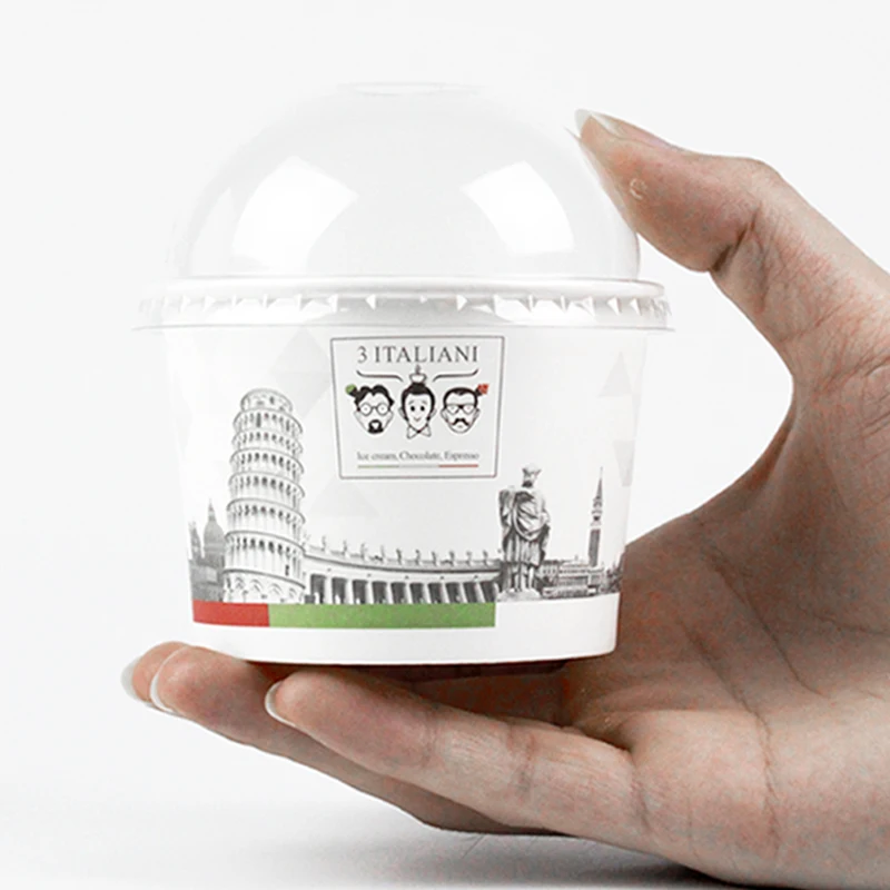 Одноразовая бумажная чашка для мороженого с купольной крышкой, оптовая продажа, одноразовая бумажная чашка для замороженного йогурта
