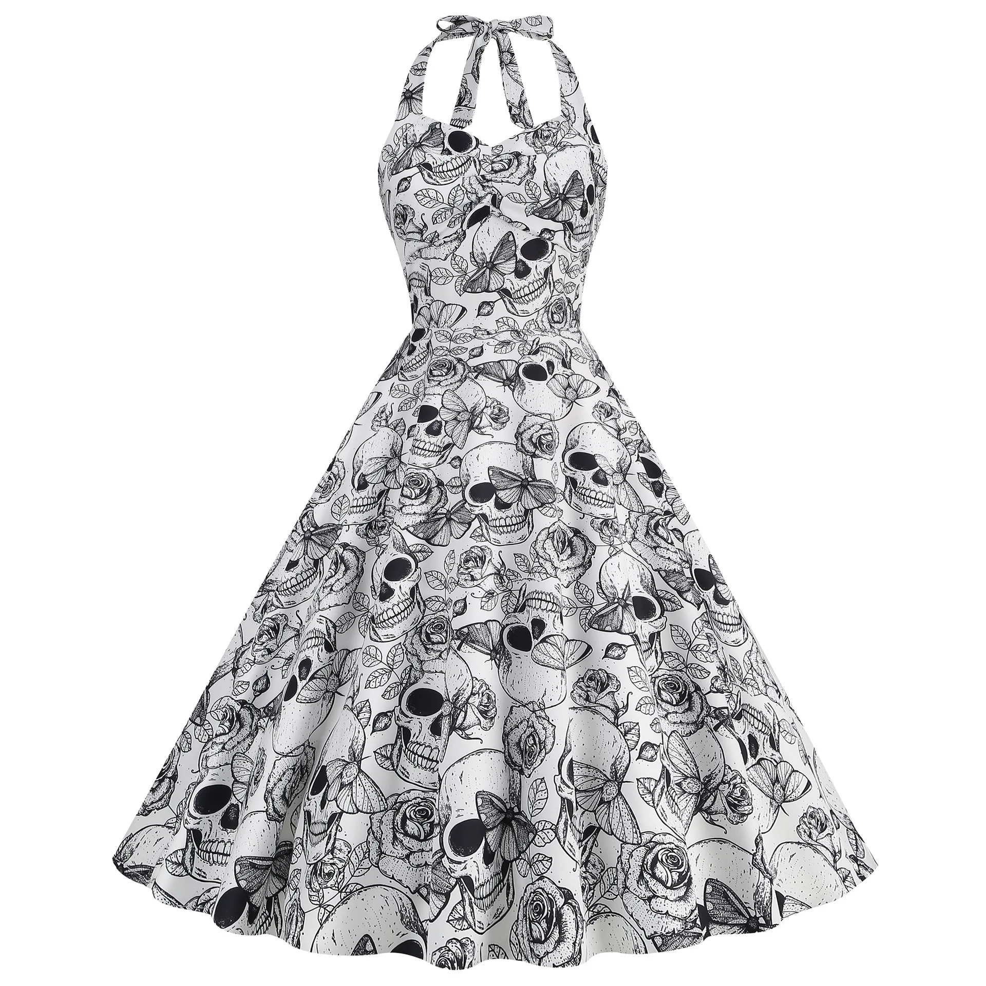 Women Robe Swing Skull Print Scarey Halloween Costumes Midi Vestidos Sexy Halter Strapless Gothic Retro Rave Party Dresses