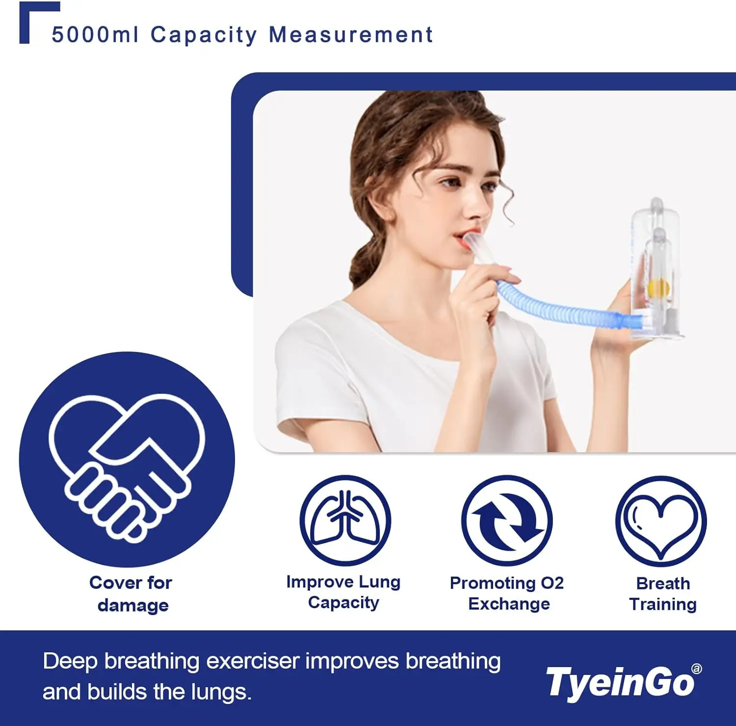 Breathing Exercise Device for Lungs, Deep Breathing Trainer for Adults - 5000ml Volume Measurement with Flow Rate Indicator