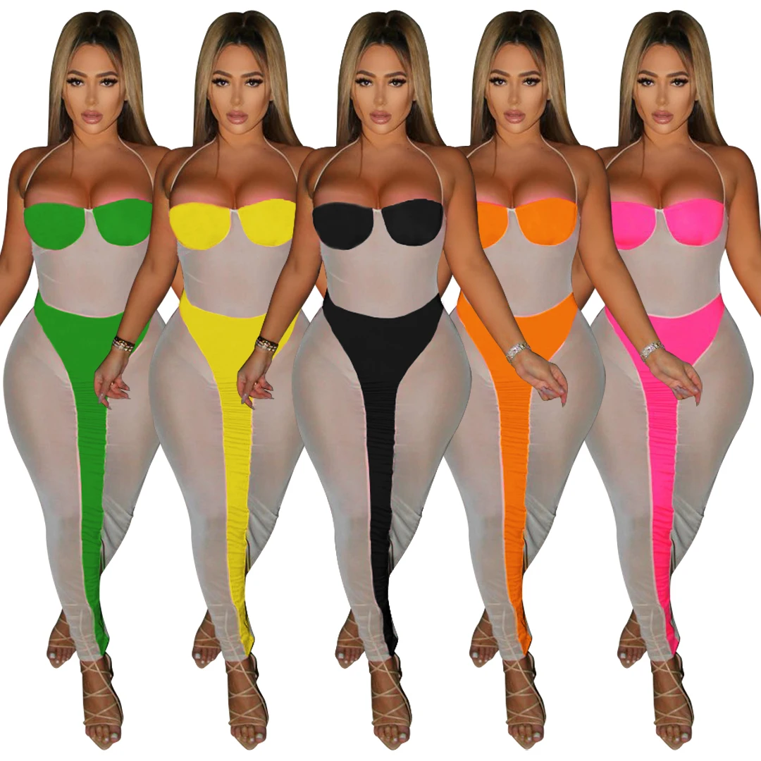 
S&P Summer 2021 Popular New Fashion Pure Color Spliced See-through Elastic Mesh Beach Dress 