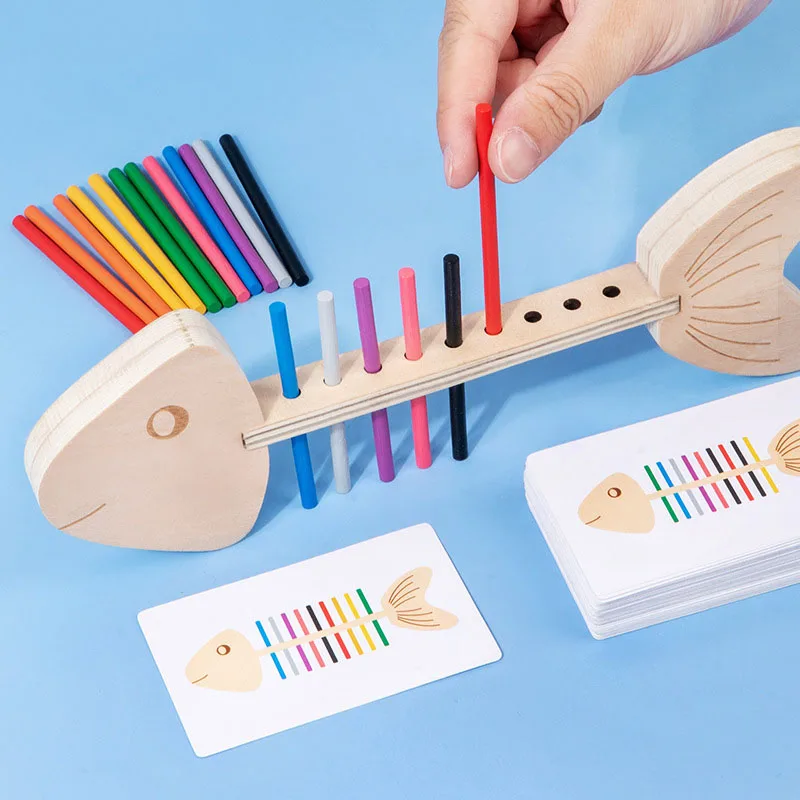 Educational Early Learning Baby Color Cognition Game Fishbone Color Sorting Toys Kids Montessori Fish Bone Pairing Wooden Toy