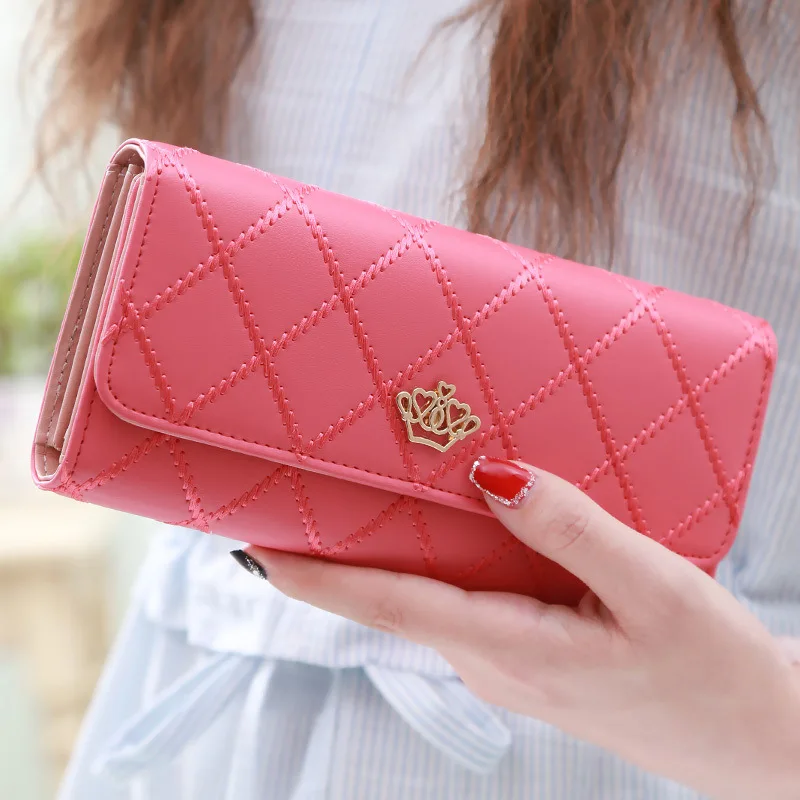 Fashion Tri-fold Button Closure Long Purse Women Multi Card Organizer Golden Crown Candy Colors Thread Lattice Clutch Wallet
