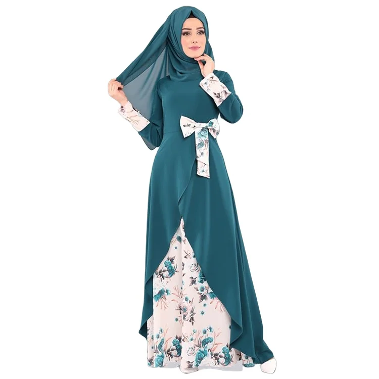 Floral print patchwork four seasons long skirt Middle Eastern dress robe for women Muslim Islamic India Indonesia robe
