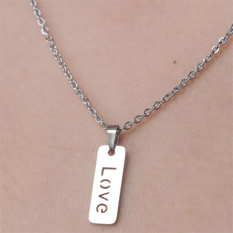Stainless Steel Bar Pendant Engrave Lucky Happy Faith Necklace for Women Men Jewelry