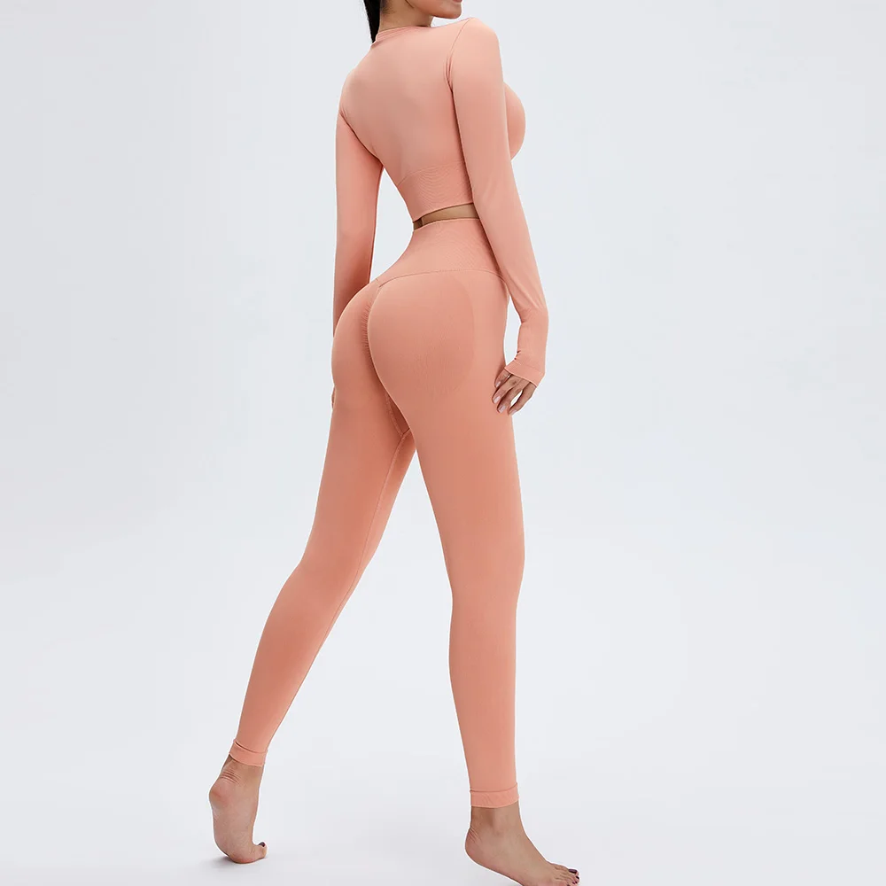 New seamless knitting fitness yoga sets workout gym long sleeve tops and leggings for women