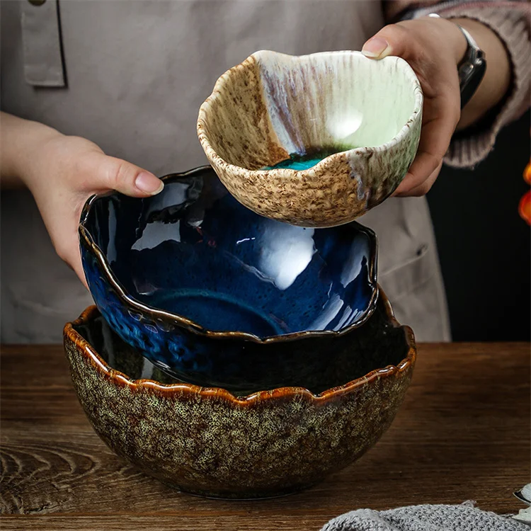 Harmony Japanese Hammer Irregular Ceramic Salad Bowl Household Fruit Plate Creative Cutlery Dessert Bowl
