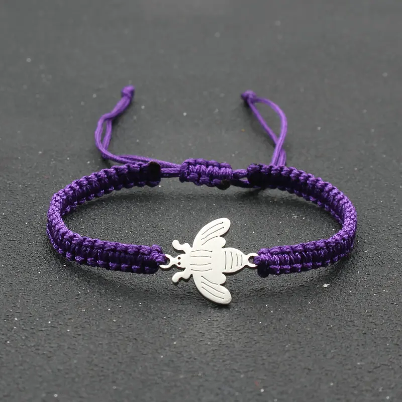 Fashion New stainless steel small bee bracelet hand woven adjustable red rope bracelet flat knot rope for men and women jewelry