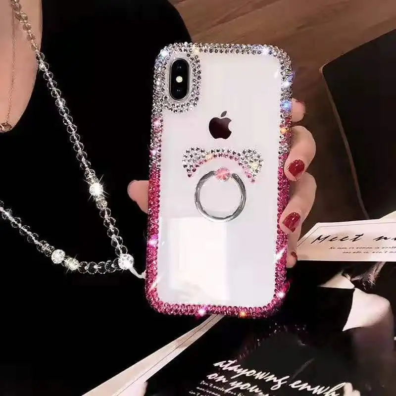 Luxury Diamond Clear Mobile Phone Case Cover With Ring Stand and Neck Strap For Iphone 11 12 13 Pro Max Case