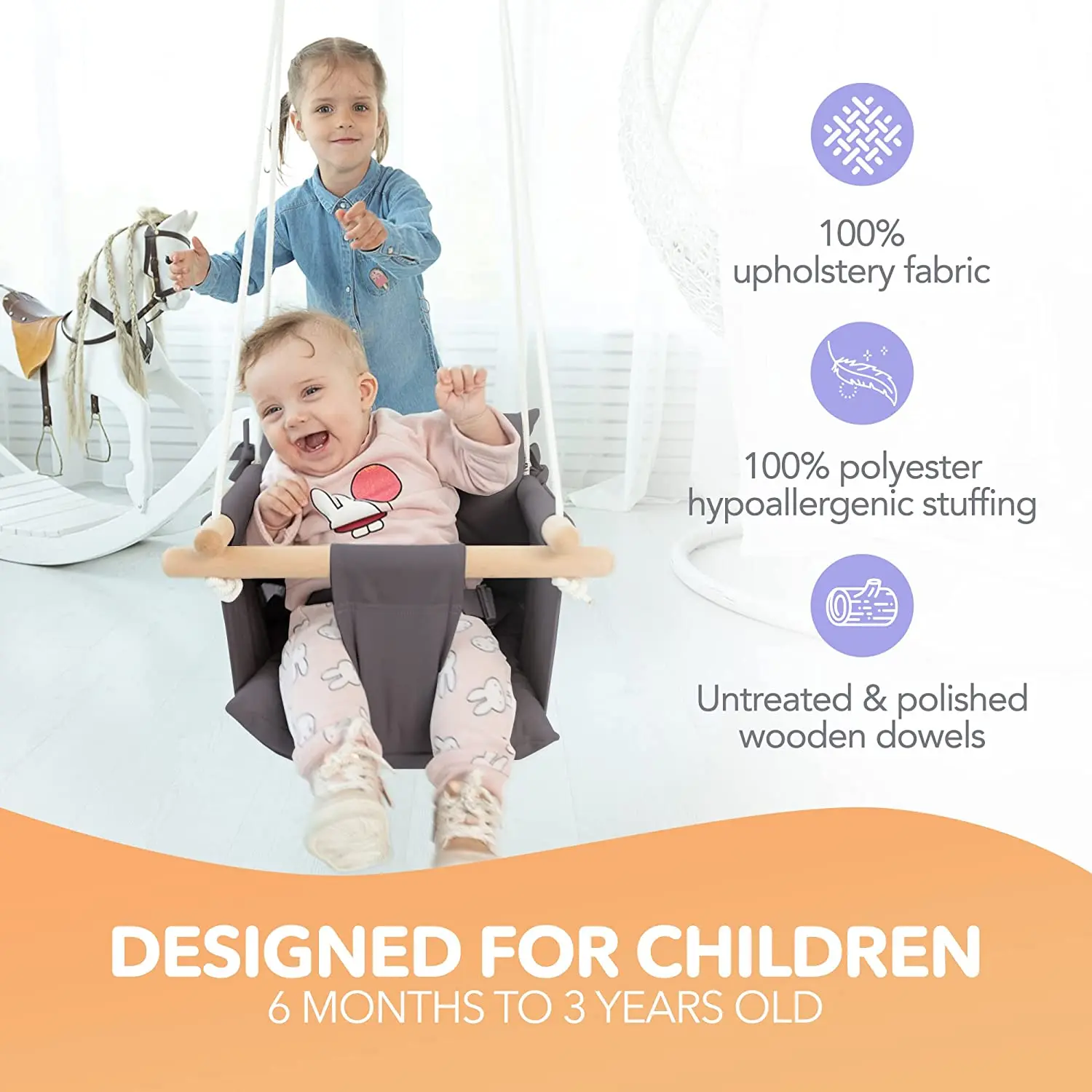 Length Adjustment baby Swing Seat with 100% Cotton Single Chair Wooden Bar Fabric Baby Swing