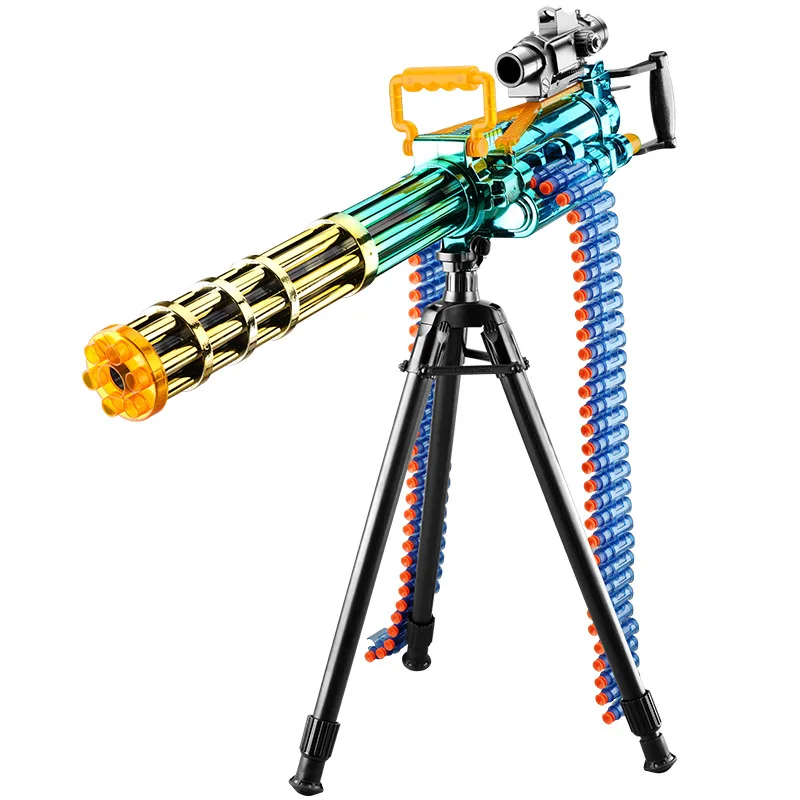 HUAMJ Amazon hot sale Safe electric DIY assembe soft bullet shooting tripod gold gatling toy gun soft bullet