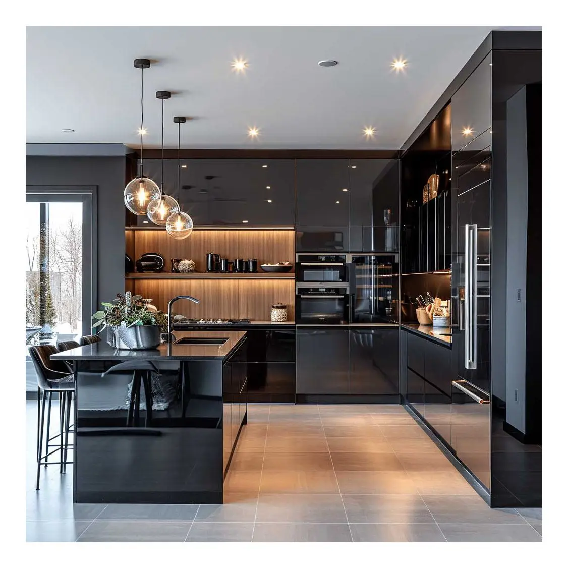 Vermont Customized Color Simple Design Modern Wood Glossy Doors Black Kitchen Cabinets