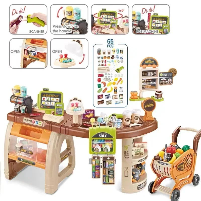 Hot Sale Kids Plastic Pretend Play Toys Set Supermarket Electric Cash Register Toy Shopping Cart for Children