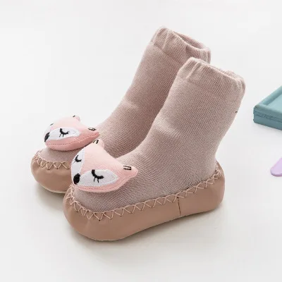 New arrival cartoon doll knit cute animal slipper toddler socks with leather sole kids anti slip baby shoe socks