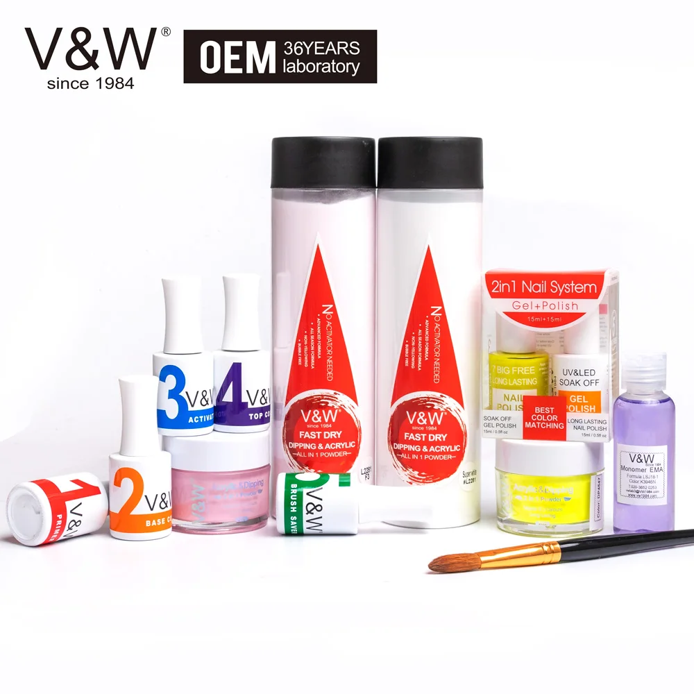 
V&W Brand/OEM Fast Dry Dipping Powder 3 In1 System Dipping +Gel+Polish starter kits 