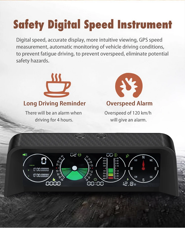 Vjoycar Auto Inclinometer Pitch Angle Alarm Off-road Latitude Longitude Display S90 Gps Slope Meter HUD