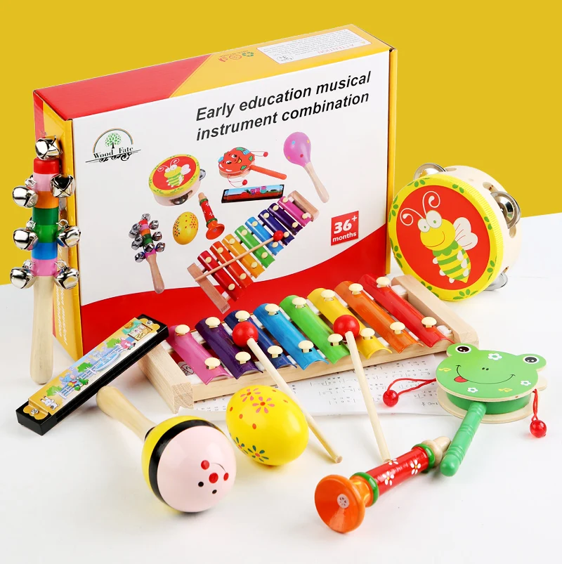 Wooden 8 Pieces Baby Music Kit Infants Toys Musical Instruments Sets For Kids Early Education Drum Rattle Toy