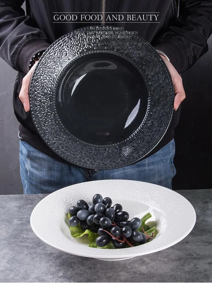 
Household Restaurant White 11Inch Ceramic Embossed Appetizer Steak Bread Pasta Plates Porcelain Serving Tray Dinnerware Dish 