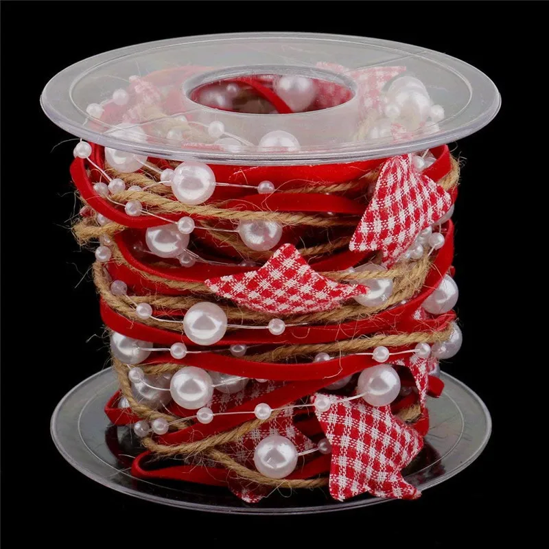 Handmade Five-pointed Star Pearl Beaded Hemp Rope Chain Ribbon Width 3 cm Christmas Tree Decoration Ribbon for Gift Packaging