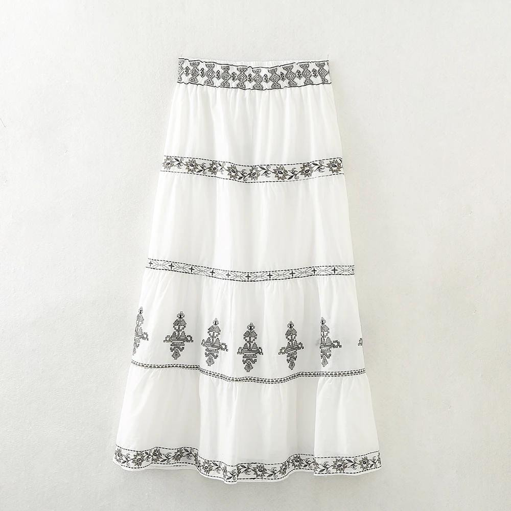 Floral embroidery white color drawstring waist casual fashion cotton long skirt for women