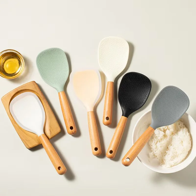 2 Pcs Wooden Handle Silicon Rice Paddle Non Stick Standing Rice Spoon Scooper Spatula Heat Resistant Rice Cooker Spoon White