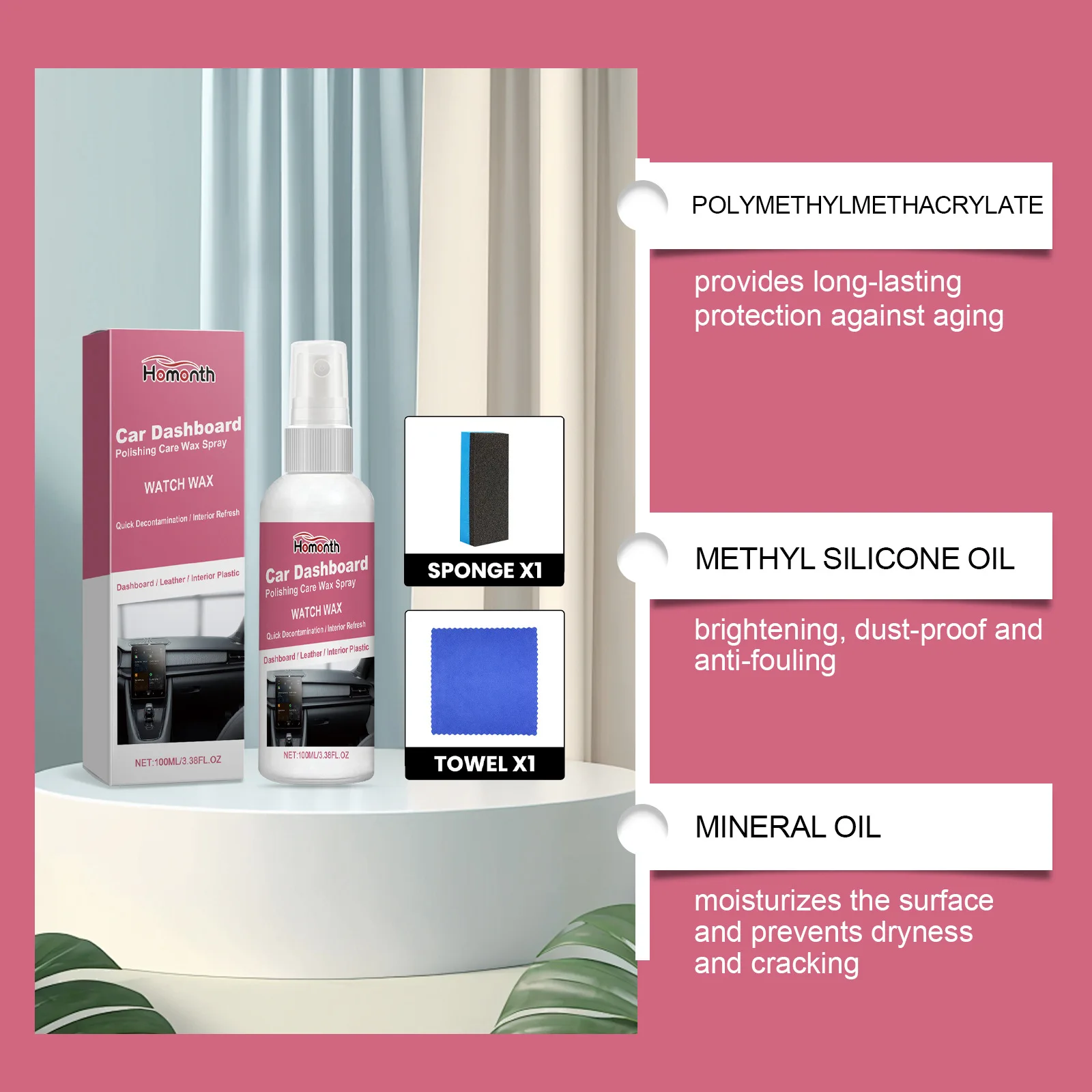 Hot sale HOMONTH car interior plastic refurbishment oil gloss decontamination cleaning car dashboard polishing care wax spray