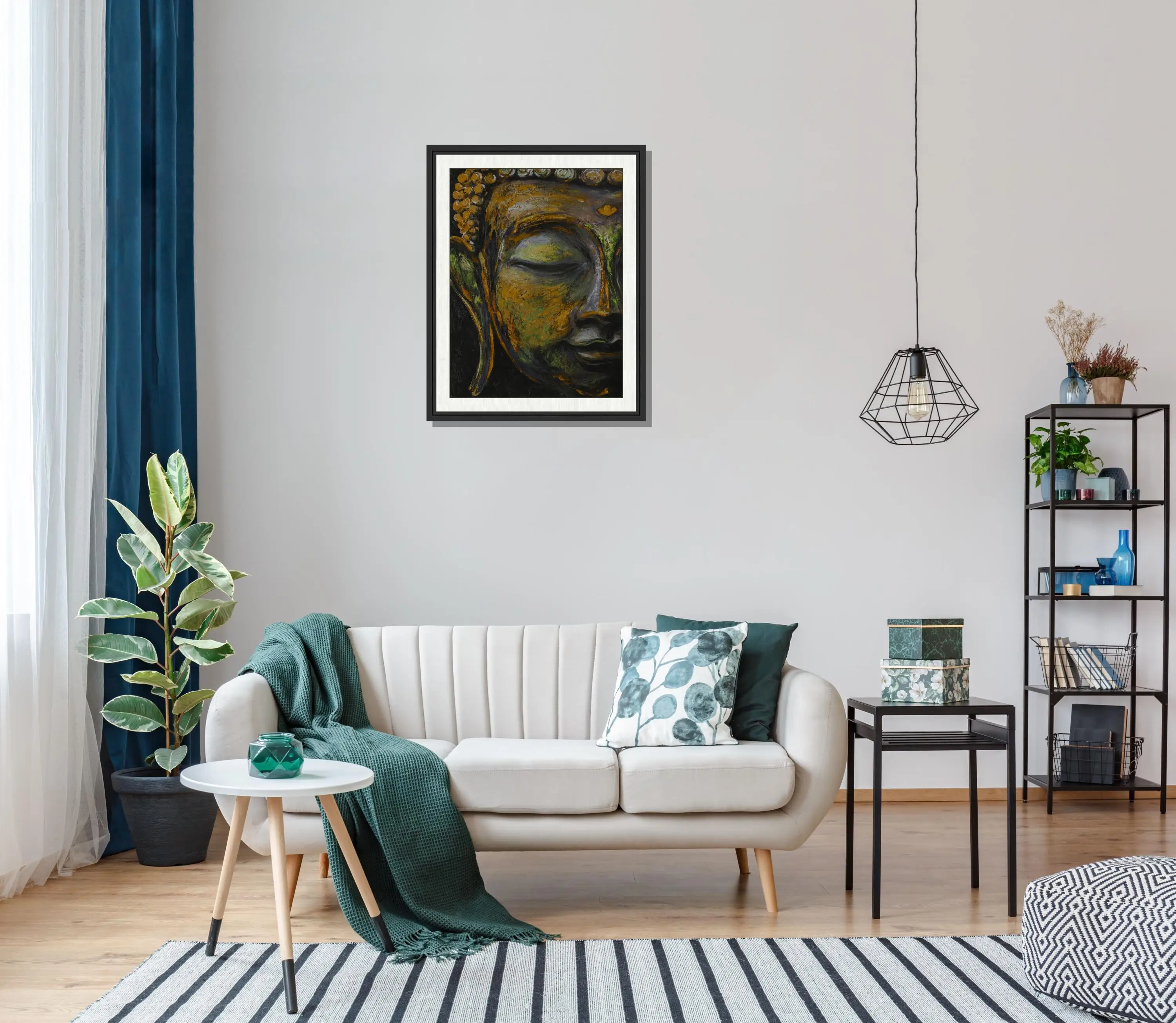 Hand Painted Colorful Buddha Green Bronze Brown Statue Hand Made Framed Matted 3D Brushstroke Texture for Home Decor