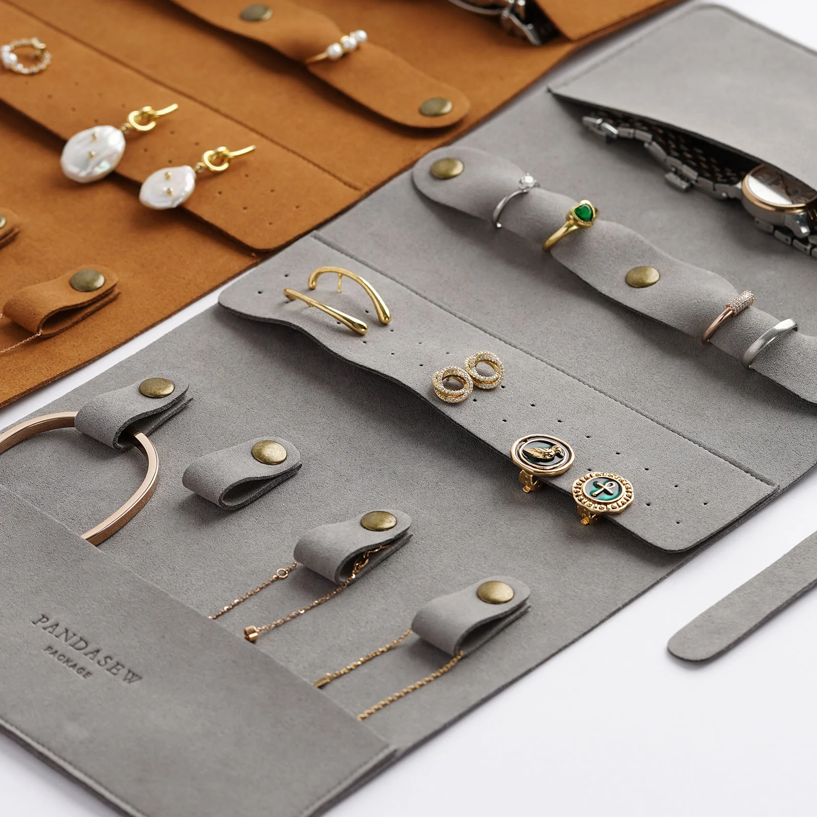 PandaSew Custom Logo Luxury 14mm Microfiber Travel Jewelry Organizer Case Roll Foldable Portable Jewelry Pouch