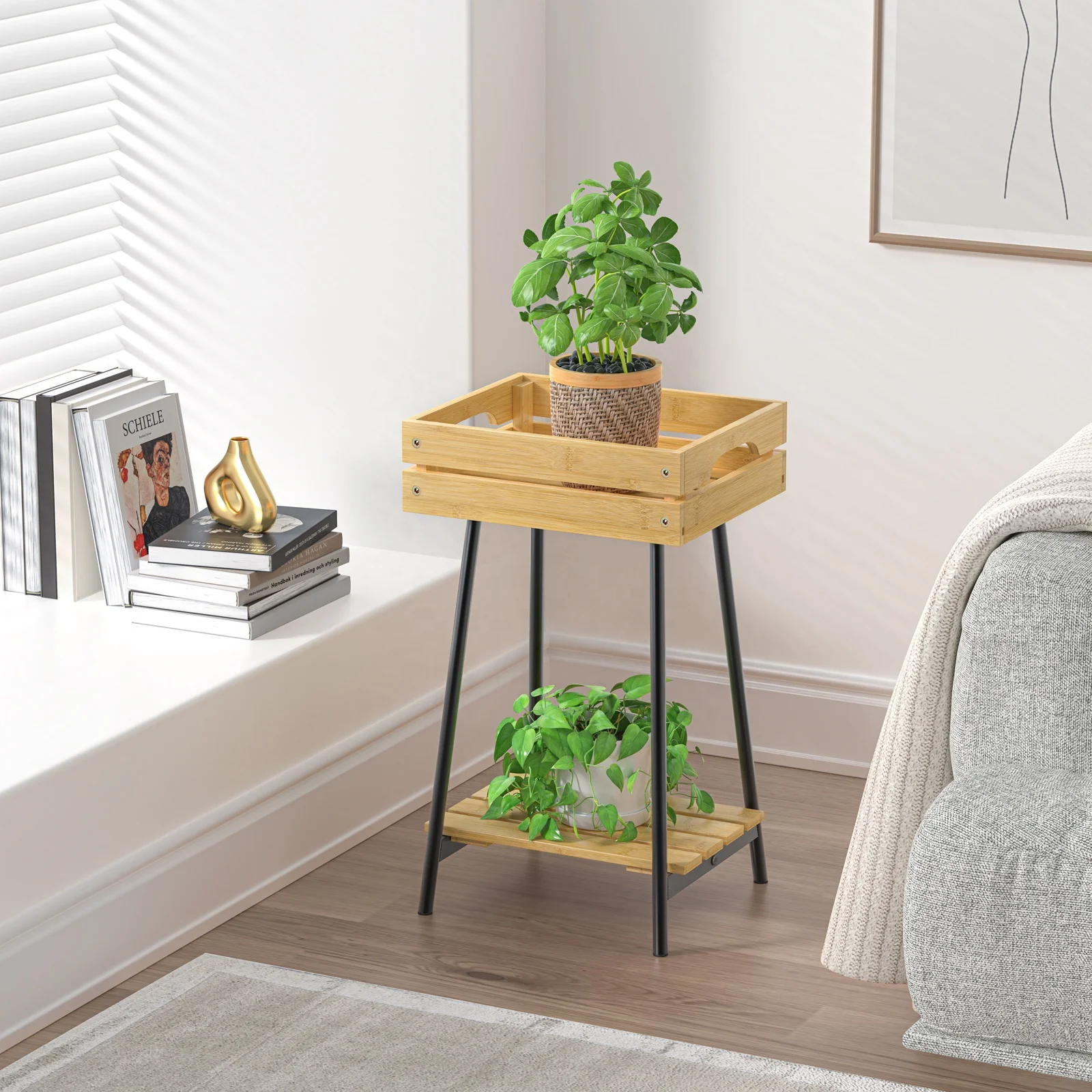 Metal Shelf Bamboo Planter Boxes Small Wooden Bamboo Raised Garden Bed Planter Boxes Shelf With Metal Frame For Outdoor Balcony