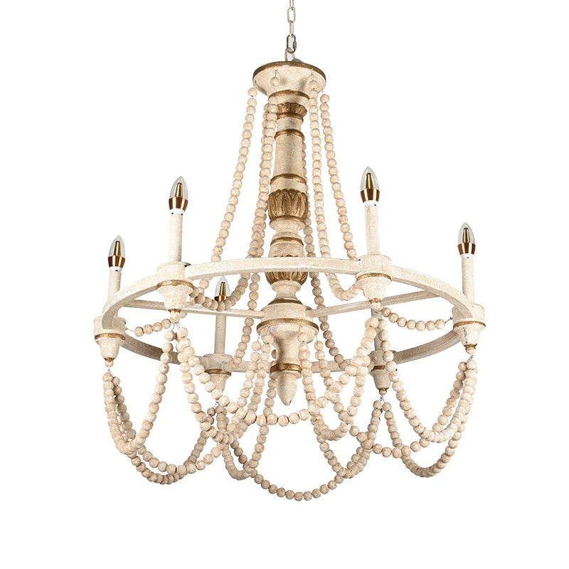 Farmhouse Wood Beaded White Color Chandelier for Dining Room Entryway Light Fixtures