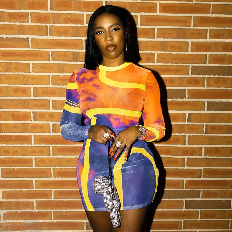 Fashion Clothing Mesh See Through Long Sleeve Vestido Night Clubwear Bodycon Party Dress For Women