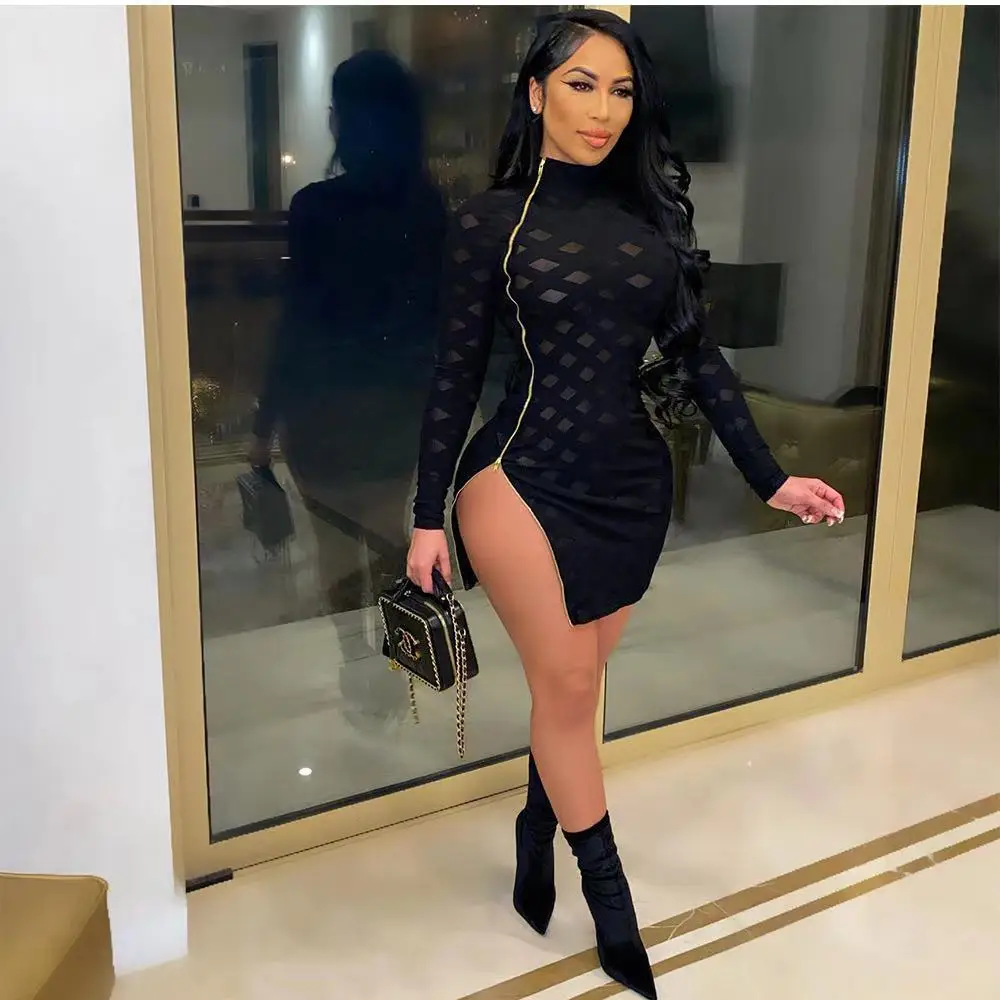 2021 new arrival sexy hollow out zipper pattern high neck split mini dress solid color asymmetrical