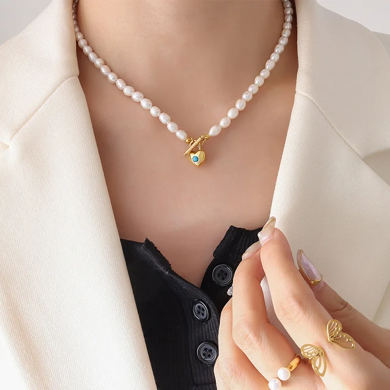 Aimgal 5mm natural freshwater pearl necklace blue turquoise lock pendant 316L stainless steel plated 18k gold