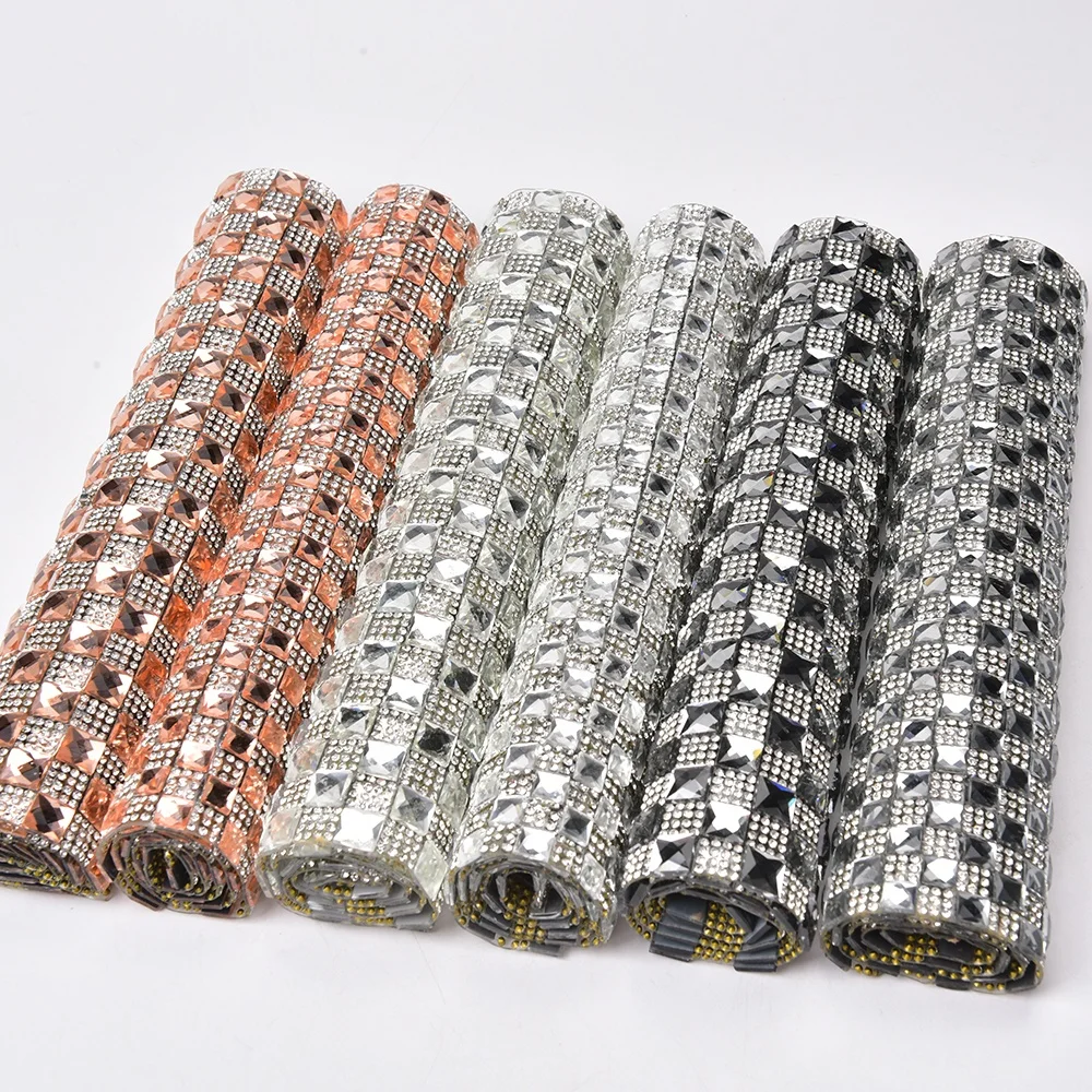 24X40Cm Self-Adhesive Rhinestone Sticker 8Mm 10Mm Square Glass Crystal Mesh Trim Fabric Sheet Diy Applique For Bags Dress Crafts