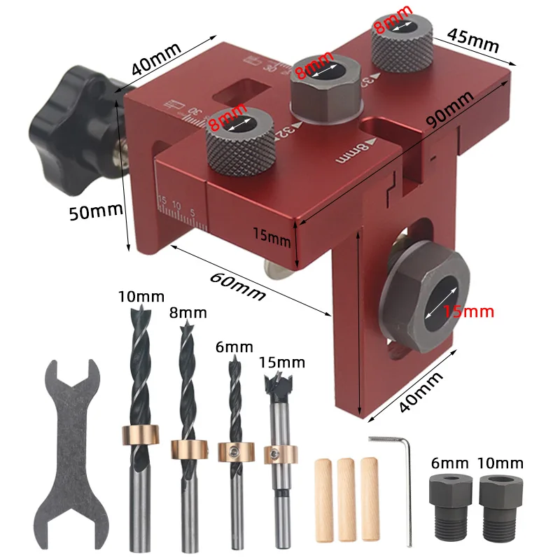 3 In 1 Adjustable Doweling Jig Woodworking Pocket Hole Jig with 8/15mm Drill Bit for Drilling Guide Locator Puncher Tools