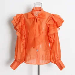 new arrival ladies blouse sashes collar falbala organza blouse for women