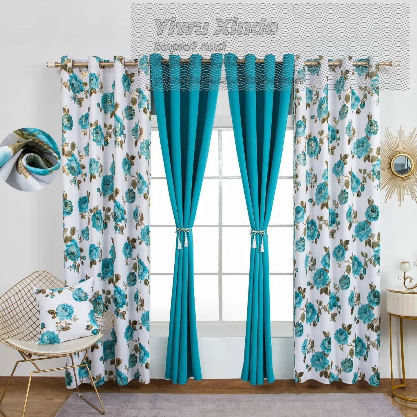 10 Pieces curtain set with matching cushion cover Luxury Blackout Window Curtain Foil Print Curtains for the Living Room Bedroom