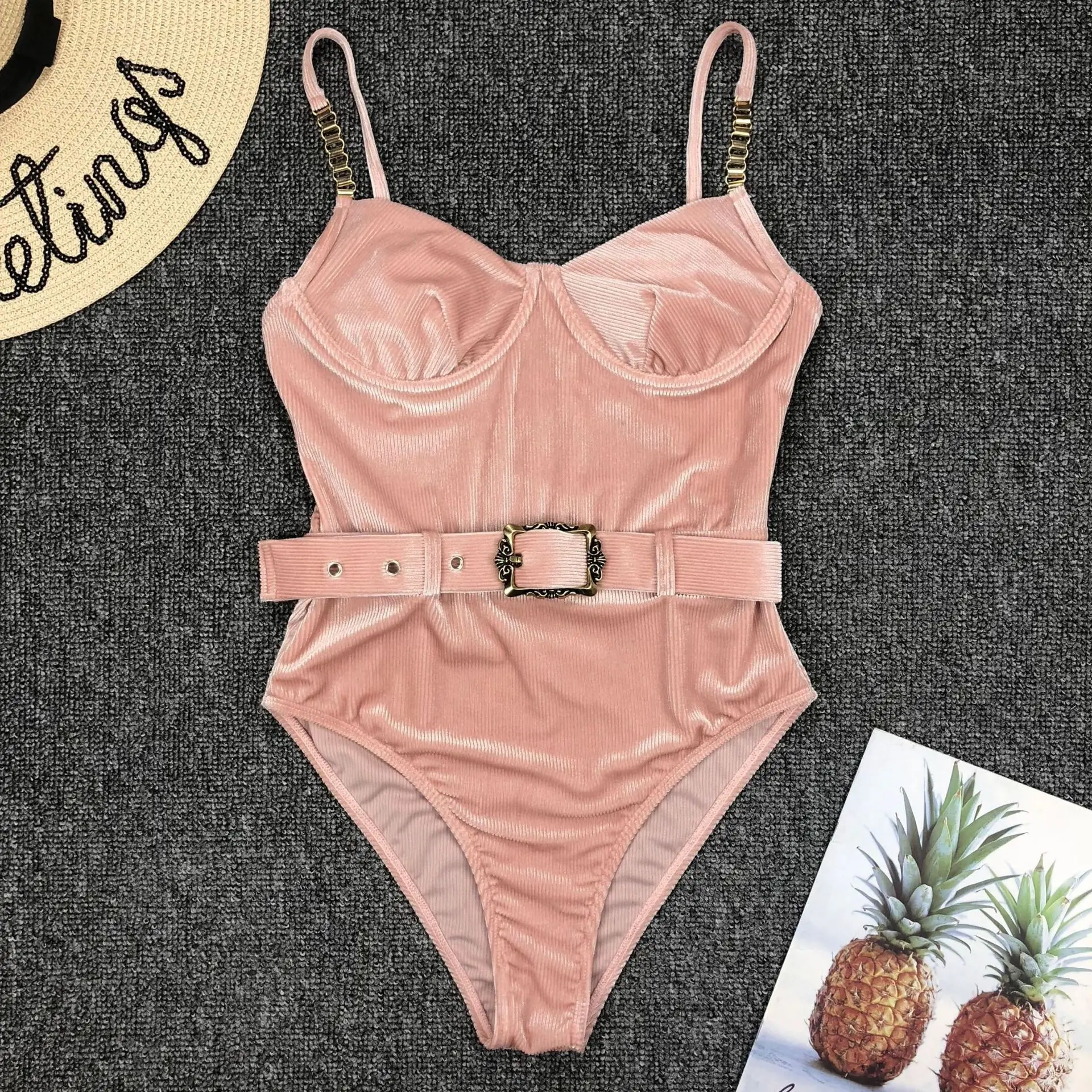 Unique Eu Solid Color Special Bikini One Piece Swimsuit With Belt Buckle