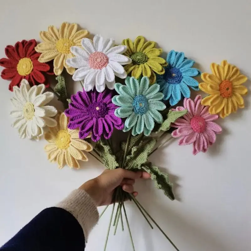 Stem Wool Knitted Flower Bouquet Gerbera Knit Gerbera Crochet African Chrysanthemum Flower Home Decoration Gifts Crochet Flower