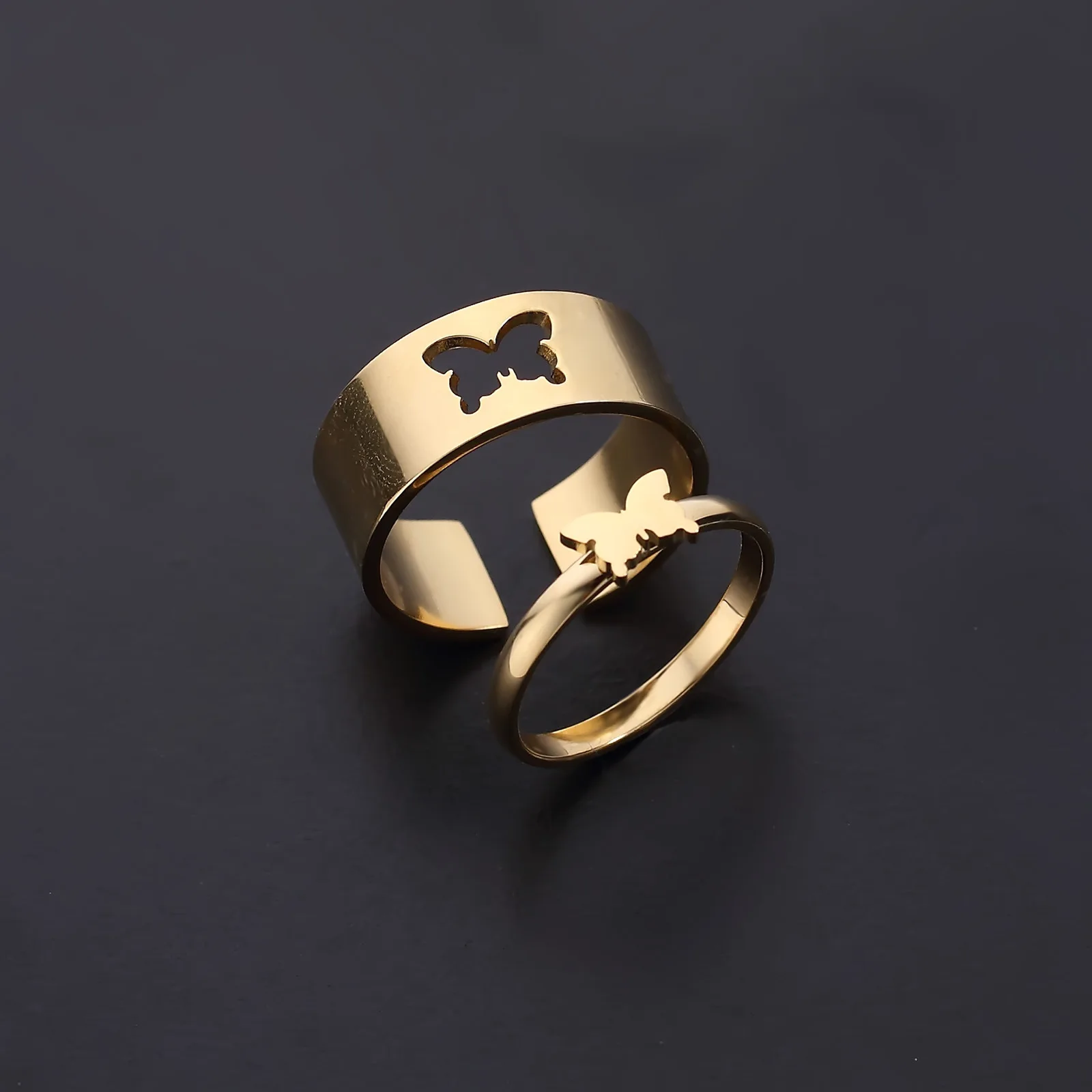 Punk Hiphop Trendy Stainless Steel High Polished 18K Gold Plated Couple Hollow 2pcs/set Heart Cross Ring For Men And Women